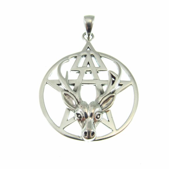 Solid 925 Sterling Silver Third Degree Deer Head Cernunnos Pentacle Pendant - Picture 4 of 9